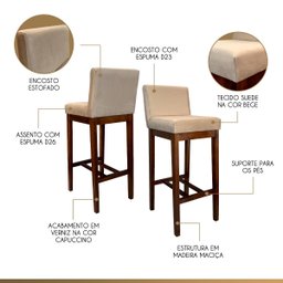 Banqueta Estofada para Bancada Alta Lisboa Madeira Capuccino Suede Bege Ccs - 4