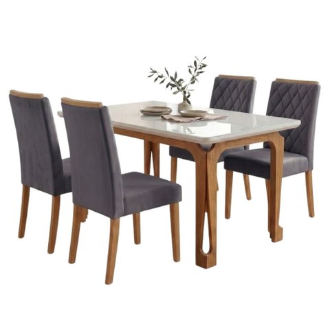 Conjunto Sala de Jantar Mesa 1,20m com Vidro Nadine 4 Cadeiras Bele