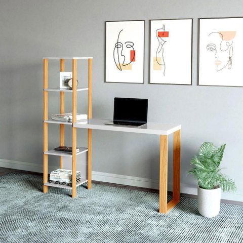 Mesa de Escritório com Estante Nichos Industrial 100% Mdf Cor:off White com Freijó