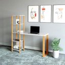Ver imagem 1 de Mesa de Escritório com Estante Nichos Industrial 100% Mdf Cor:off White com Freijó