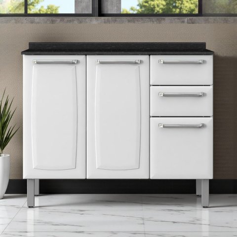 Balcão Cozinha em Aço 3 Portas 2 Gavetas 105cm com Tampo Luce Itatiaia Branco
