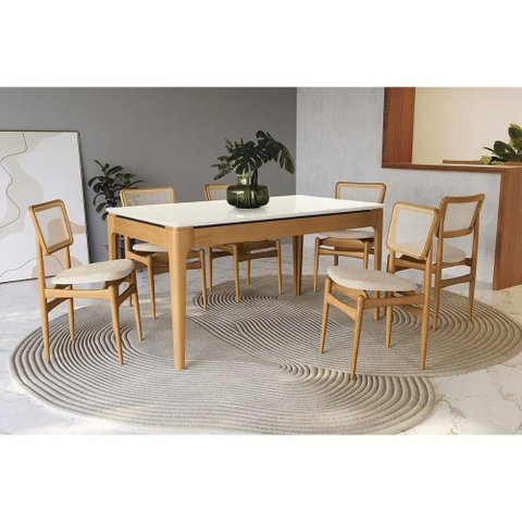 Conjunto Sala de Jantar Mira Premium Madeira Maciça C/ Tampo Madeirado C/ Vidro 160x90cm e 6