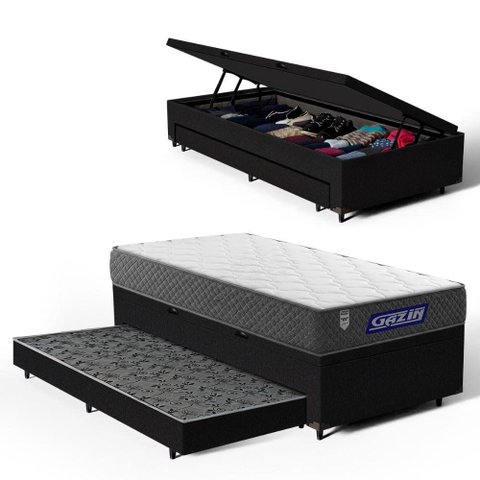 Cama Box Baú com Colchão Gazin de Espuma D28 Double Face Force Up + Auxiliar de Espuma Solteiro