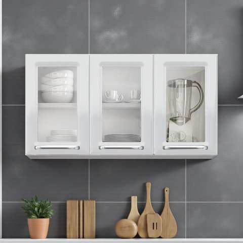 Armário de Cozinha em Aço 3 Portas de Vidro 105cm Luce Itatiaia Branco