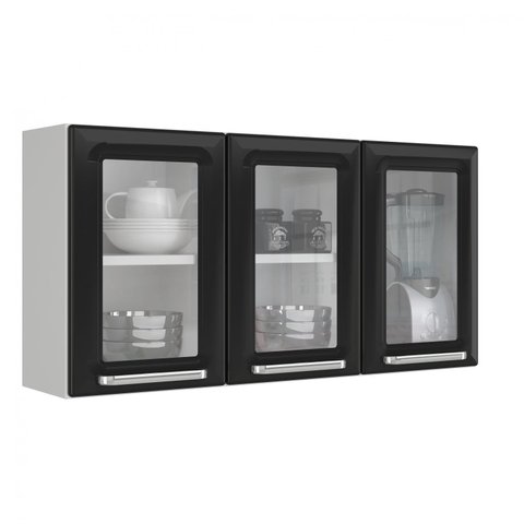 Armário de Cozinha em Aço 3 Portas de Vidro 105cm Luce Itatiaia Preto/Branco