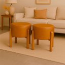 Ver imagem 1 de Kit 2 Puff Banqueta Redondo Zoe Corino Caramelo Decorativo Base de Madeira - Arkell