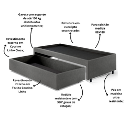 Base Box Cama Solteiro com Gaveta Sapateira 88x188cm Courino - 6