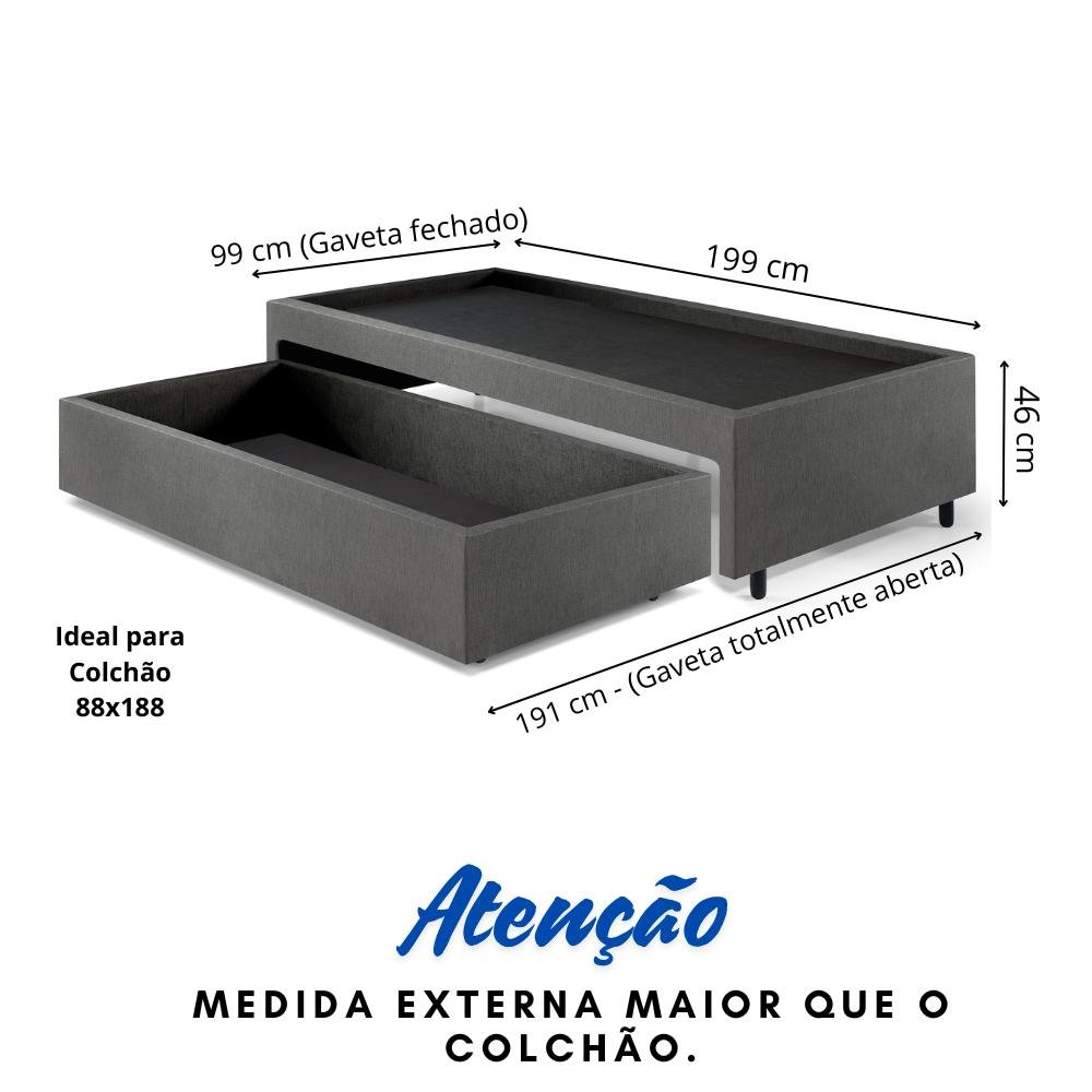 Box Solteiro com Gaveta 88x188 Cm, Medida Externa 99x199x38 Cm, Revestida em courino Linho - 4