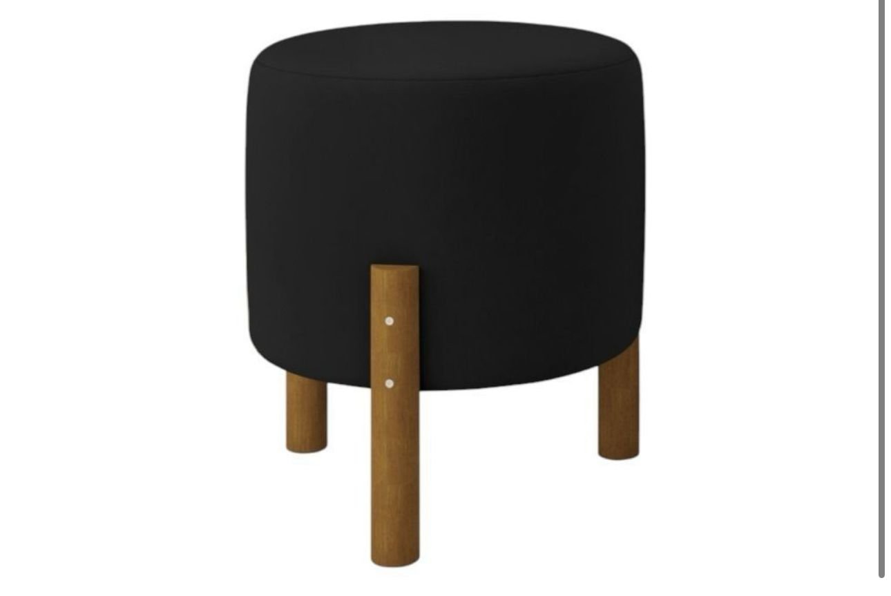 Puff Banquinho Decoração de Quarto Suede Preto Pé em Madeira Maciça