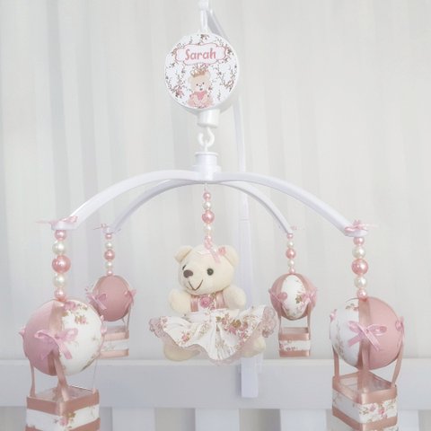 Mobile para Berço Musical Giratório Ursa Floral Balão Rosé