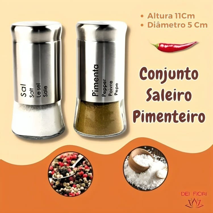 Kit Saleiro Pimenteiro Em Inox Vidro Porta Temperos 2 Peças Conjunto Sal Pimenta Mesa Cozinha Prata  - 7