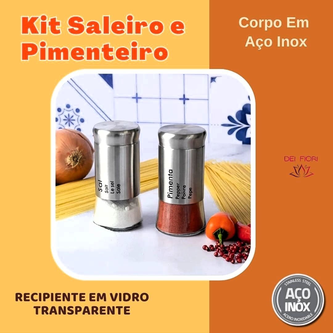 Kit Saleiro Pimenteiro Em Inox Vidro Porta Temperos 2 Peças Conjunto Sal Pimenta Mesa Cozinha Prata  - 2