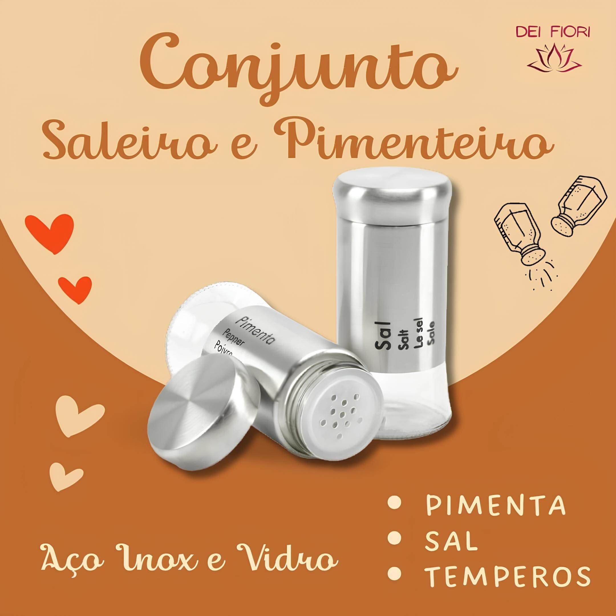 Kit Saleiro Pimenteiro Em Inox Vidro Porta Temperos 2 Peças Conjunto Sal Pimenta Mesa Cozinha Prata  - 5