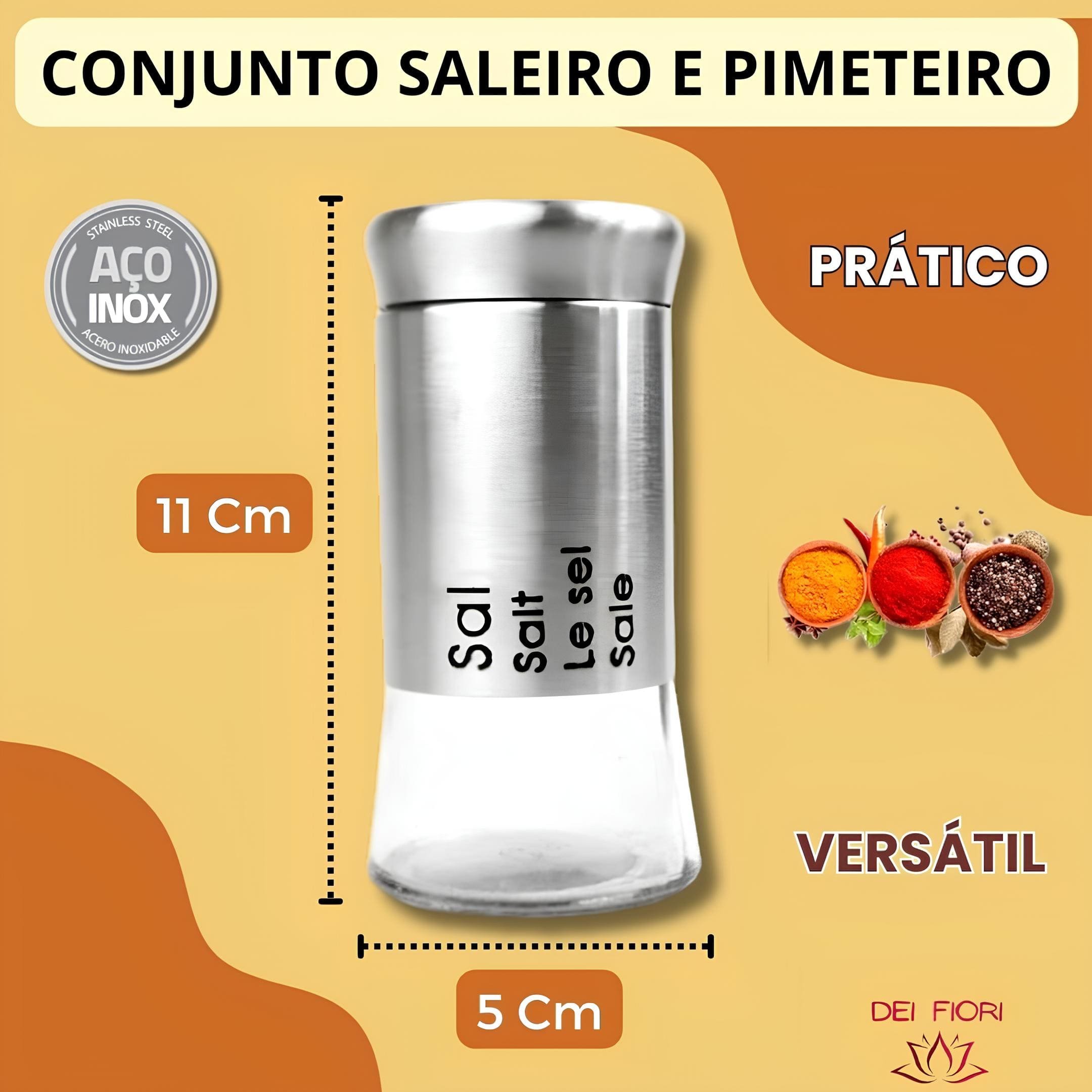 Kit Saleiro Pimenteiro Em Inox Vidro Porta Temperos 2 Peças Conjunto Sal Pimenta Mesa Cozinha Prata  - 6