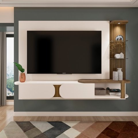 Painel Toronto para Tvs até 72 Pol. Cor Off White C/pinho Ripado