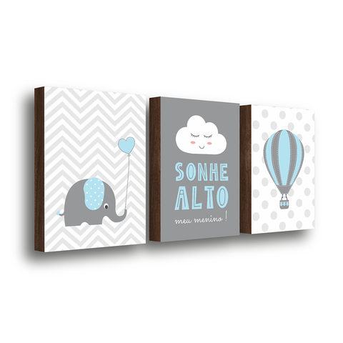 Kit 3 Quadros Decorativos Infantil Sonhe Alto Menino 40x30cm MDF