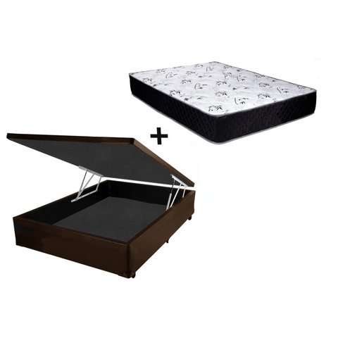 Cama Box Baú Casal Conforto Sintético Marrom + Colchão Casal Conforto Espuma D23 16x138x188