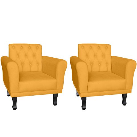 Kit 2 Poltronas Decorativa Classic Couro Amarelo Pés Madeira Ms Decor