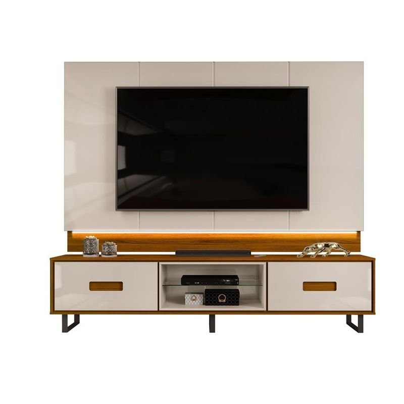 Bancada Rack com Painel 240cm com LED para TV até 75 Polegadas 2 Gavetas Madri Freijó/Off White - 2