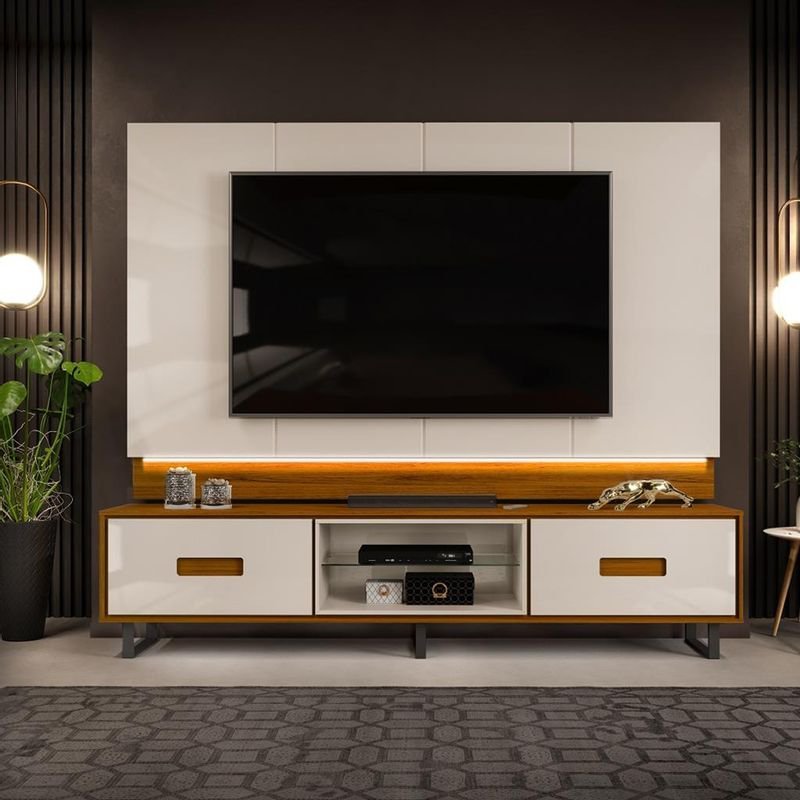 Bancada Rack com Painel 240cm com LED para TV até 75 Polegadas 2 Gavetas Madri Freijó/Off White - 1