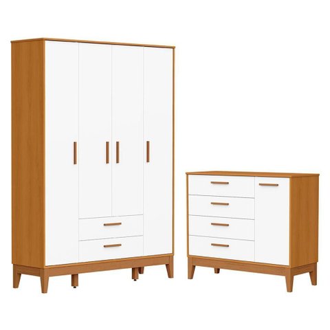 Jogo de Quarto Infantil Flip Guarda Roupa 4 Portas e Cômoda 1 Porta Branco Fosco/savana - Reller M