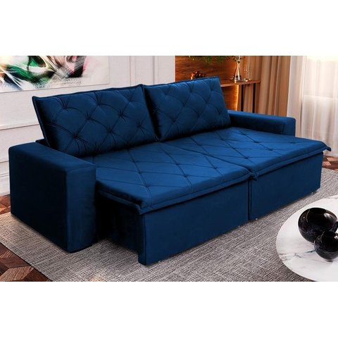 Sofá Cama Retrátil Reclinável 2,30m Bangkok Suede Velut Azul Marinho Molas no Assento - King