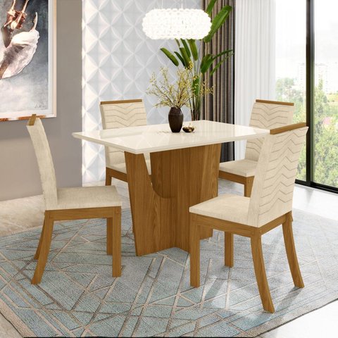 Conjunto Sala de Jantar Mesa Tampo de Vidro/MDF 4 Cadeiras Diana Espresso Móveis Marrom/Nature/Off White/Linho