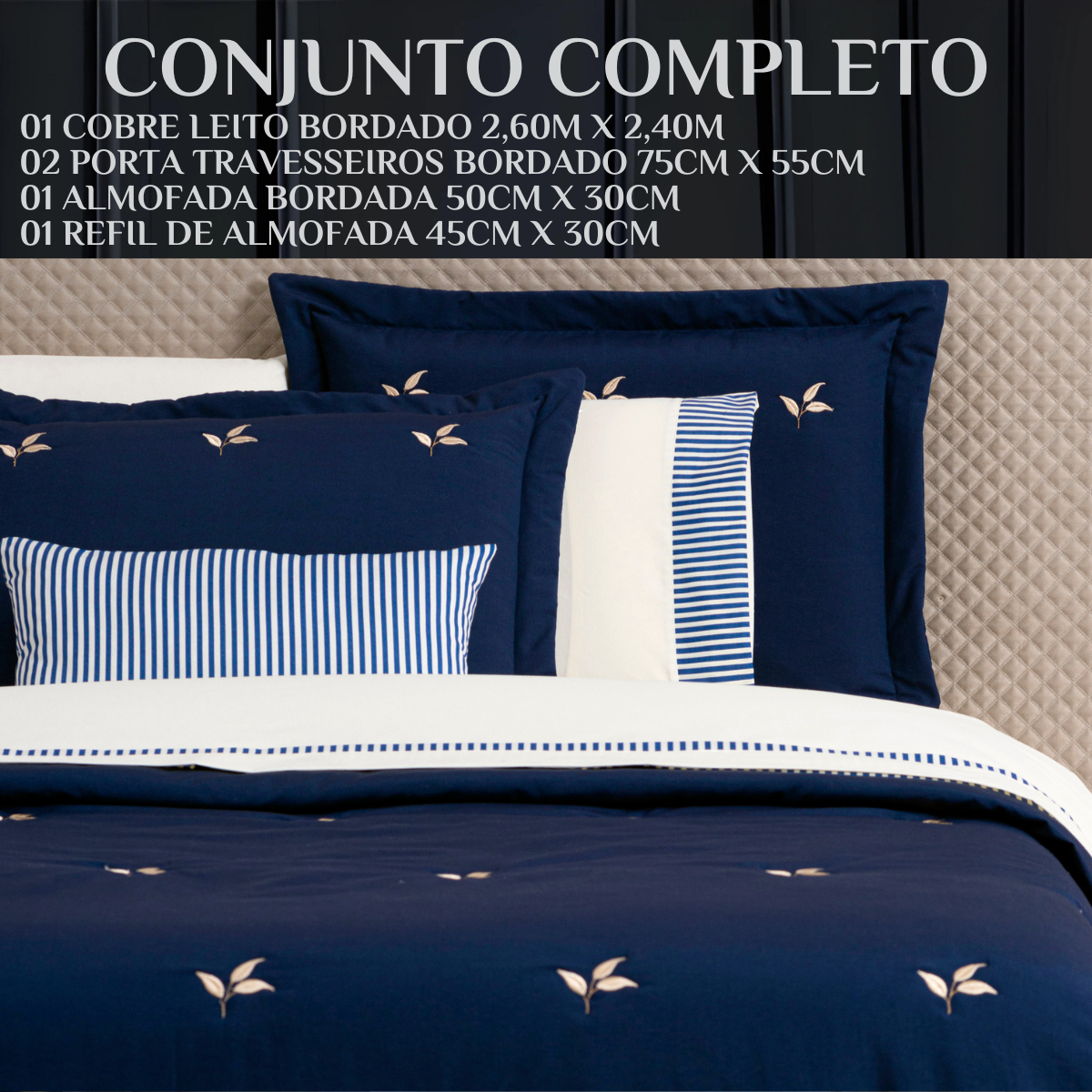 Coxa de Cama Casal Queen Size Luna 05 Pcs 200 Fios Bordada Toque Seda Santorini:azul - 5