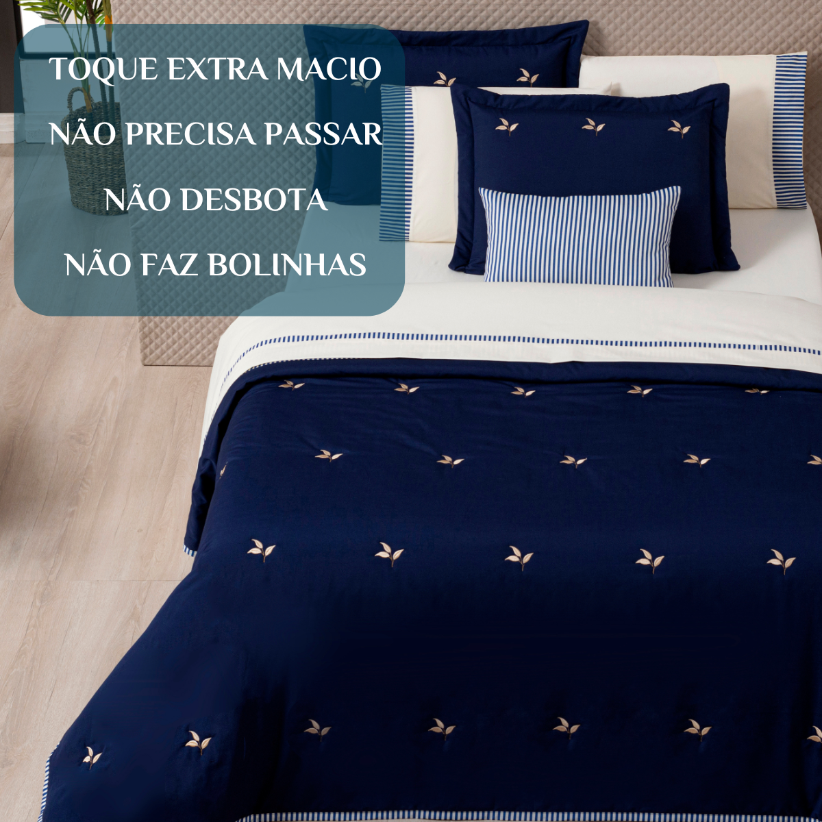 Coxa de Cama Casal Queen Size Luna 05 Pcs 200 Fios Bordada Toque Seda Santorini:azul - 4