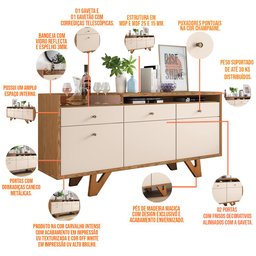 Kit Aparador Buffet Bar 2 Portas Valentim E Espelho Adnet Freijó B01 Carvalho Off White - Lyam - 5