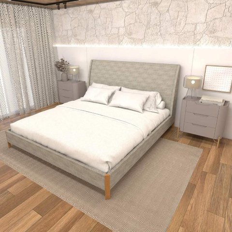 Cama King Estofada e 2 Mesas com Gavetas MDF 203cm Linho Lincoln Amêndoa com Grigio