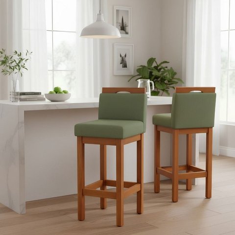 Banqueta Alta de Madeira Aurora Balcão Cozinha Bistro com Encosto Linho Verde
