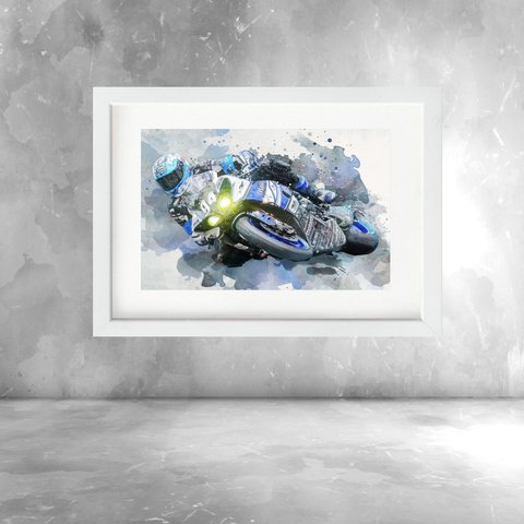 Quadro Aquarela Piloto Motocicleta - 60x48cm:moldura Branca