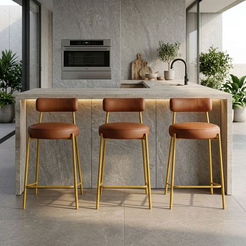 Banqueta Cozinha Alta com Encosto Industrial Dourado Kit 3 Londres PU D03 - D'Rossi