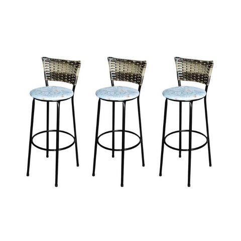 Jogo 3 Banqueta Alta Para Cozinha Ratan Cappuccino Premium Preta Estofado Floral  Floral 