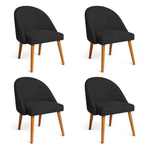 Kit 04 Cadeiras Poltrona de Jantar Luna Suede Preto Pés Palito Castanho