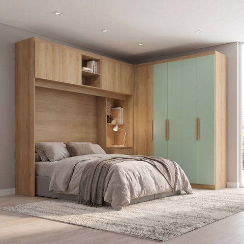 Guarda Roupa Casal Modulado 3 Peças com Cabeceira 4 Portas 3 Gavetas Milan Yescasa Capuccino/Verde Menta