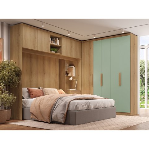 Guarda-Roupa Modular em L 4 Portas com Cabeceira Milan Marrom/Capuccino/Menta