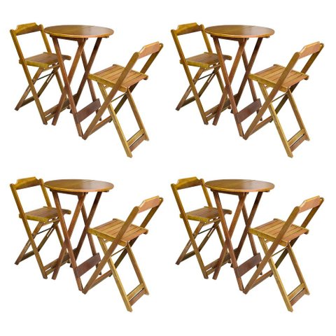 Kit 4 Conjuntos de Mesa Bistrô Dobraveis em Madeira Padrão com 2 Banquetas Altas - Mel