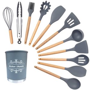 Kit 12 Peças Utensílios Silicone Cinza Concha Colher Madeira