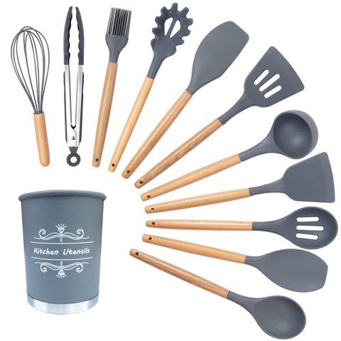 Kit 12 Peças Utensílios Silicone Cinza Concha Colher Madeira