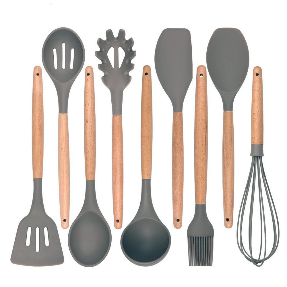 Kit 12 Peças Utensílios Silicone Cinza Concha Colher Madeira - 2