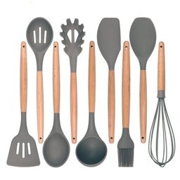 Kit 12 Peças Utensílios Silicone Cinza Concha Colher Madeira - 2