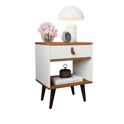 Mesa de Cabeceira Mesinha para Quarto 1 Gaveta Puxador em Couro Ravenna - Off White com Freijó - 3