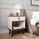 Ver imagem 1 de Mesa de Cabeceira Mesinha para Quarto 1 Gaveta Puxador em Couro Ravenna - Off White com Freijó