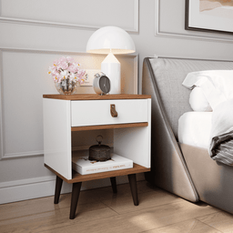 Mesa de Cabeceira Mesinha para Quarto 1 Gaveta Puxador em Couro Ravenna - Off White com Freijó - 1