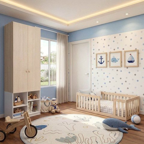 Quarto Montessori Mini Cama Giulia e Guarda-Roupa Curió 2 Portas Casatema MadeiraOriginals Natural/B