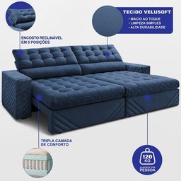 Sofá Retrátil e Reclinável 2,30m Molas Ensacadas Max Spring Velusoft Azul Cama Inbox - 2