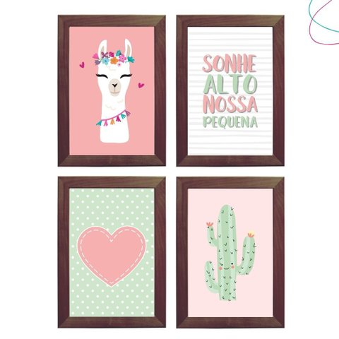 Kit com 4 Quadros Decorativos Infantil Lhama Cacto Coração:tabaco