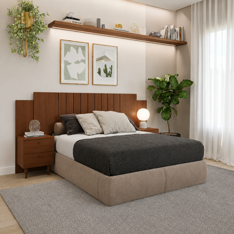Cabeceira Verona com 2 Mesas de Cabeceira 4 Gavetas Painel Ripado Pm Home